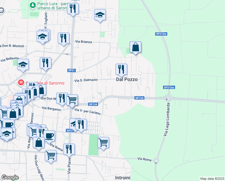 map of restaurants, bars, coffee shops, grocery stores, and more near 170 Via Bergamo in Saronno