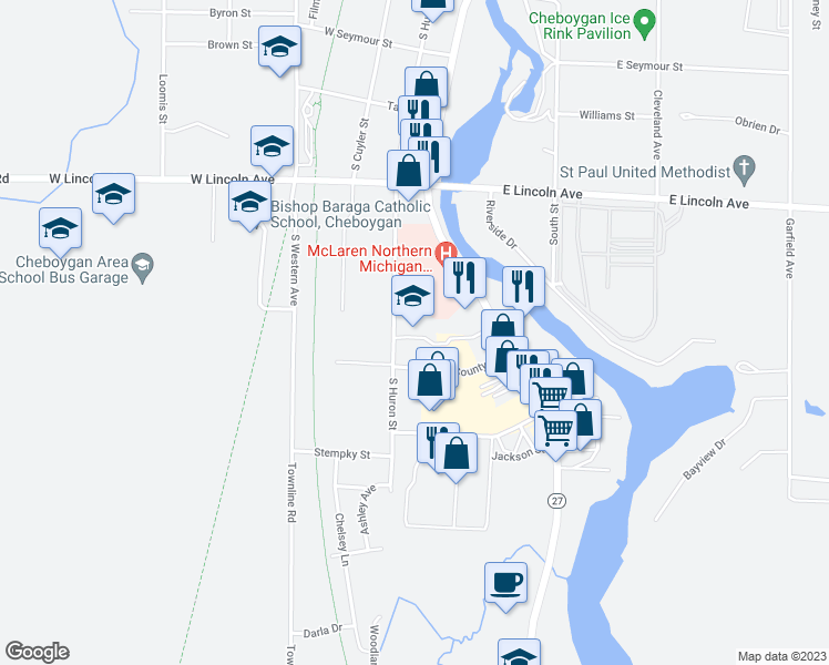 map of restaurants, bars, coffee shops, grocery stores, and more near 825 South Huron Street in Cheboygan