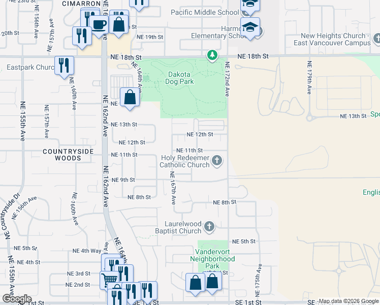 map of restaurants, bars, coffee shops, grocery stores, and more near 16805 Northeast 11th Street in Vancouver