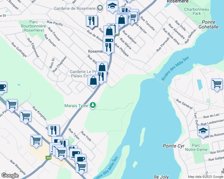 map of restaurants, bars, coffee shops, grocery stores, and more near 171 Rue Corona in Rosemère