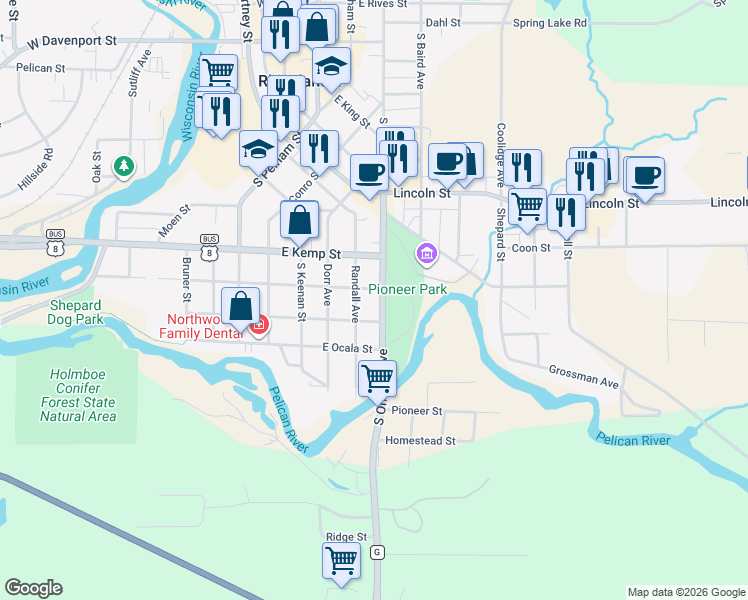 map of restaurants, bars, coffee shops, grocery stores, and more near 810 South Oneida Avenue in Rhinelander