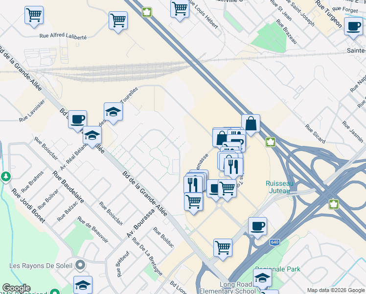 map of restaurants, bars, coffee shops, grocery stores, and more near 1230 Rue des Francs-Bourgeois in Boisbriand