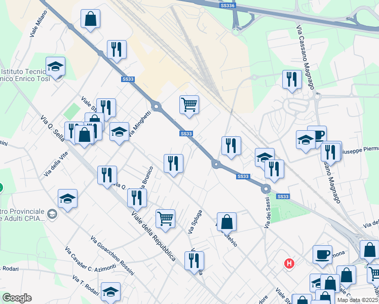 map of restaurants, bars, coffee shops, grocery stores, and more near 13 Via Passo San Giacomo in Busto Arsizio