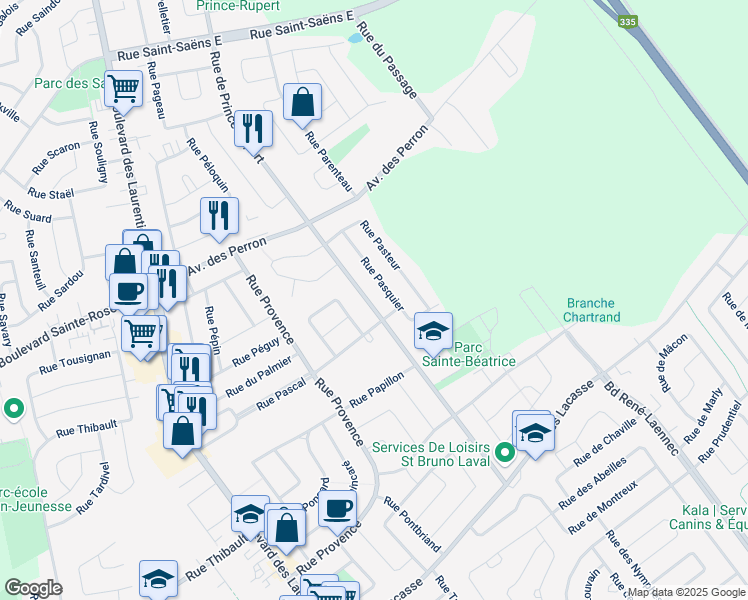 map of restaurants, bars, coffee shops, grocery stores, and more near 5555 Rue de Prince Rupert in Laval