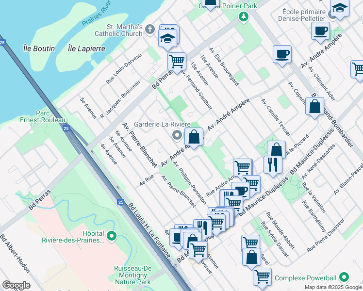 map of restaurants, bars, coffee shops, grocery stores, and more near 7481 Avenue André Ampère in Montréal