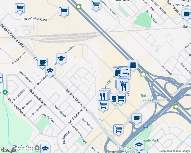 map of restaurants, bars, coffee shops, grocery stores, and more near 1390 Rue des Francs-Bourgeois in Boisbriand