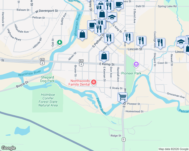 map of restaurants, bars, coffee shops, grocery stores, and more near 818 Margaret Street in Rhinelander