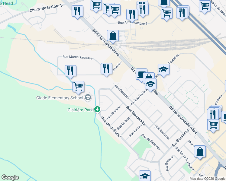 map of restaurants, bars, coffee shops, grocery stores, and more near 3498 Rue Baudelaire in Boisbriand
