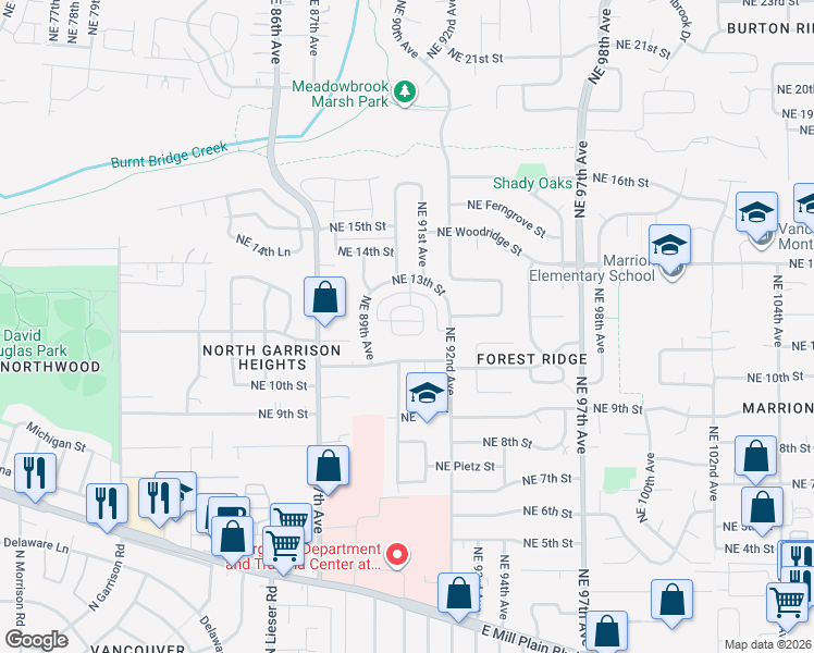 map of restaurants, bars, coffee shops, grocery stores, and more near 1221 Northeast Cedar Ridge Loop in Vancouver
