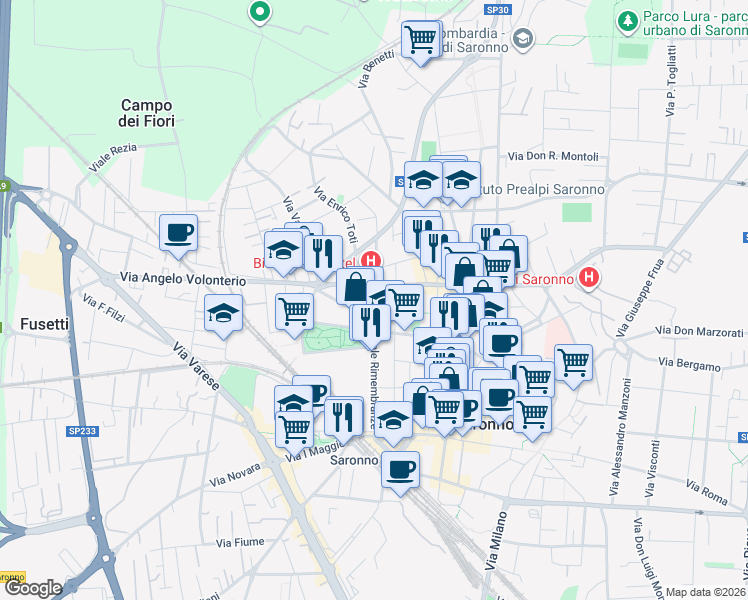 map of restaurants, bars, coffee shops, grocery stores, and more near 4 Via Vittime del Lavoro in Saronno