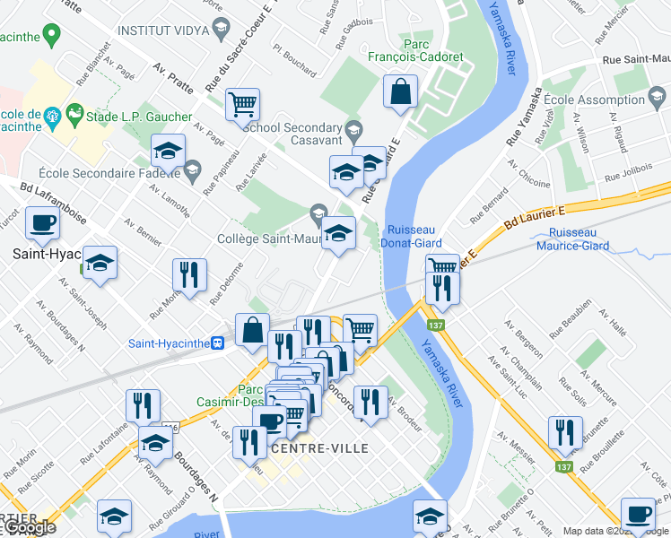 map of restaurants, bars, coffee shops, grocery stores, and more near 683 Rue Girouard Ouest in Saint-Hyacinthe