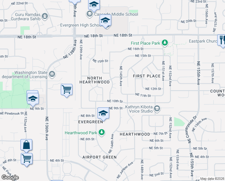 map of restaurants, bars, coffee shops, grocery stores, and more near 1100 Northeast 143rd Avenue in Vancouver