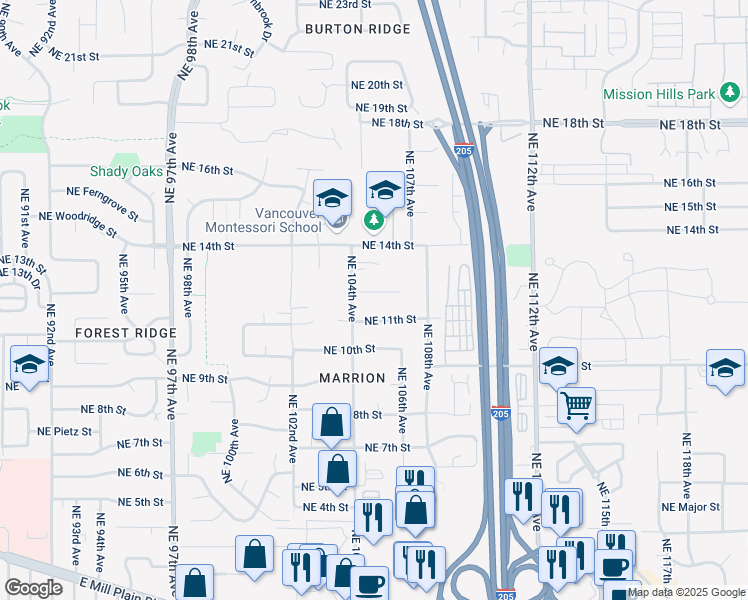map of restaurants, bars, coffee shops, grocery stores, and more near 10415 Northeast 12th Way in Vancouver