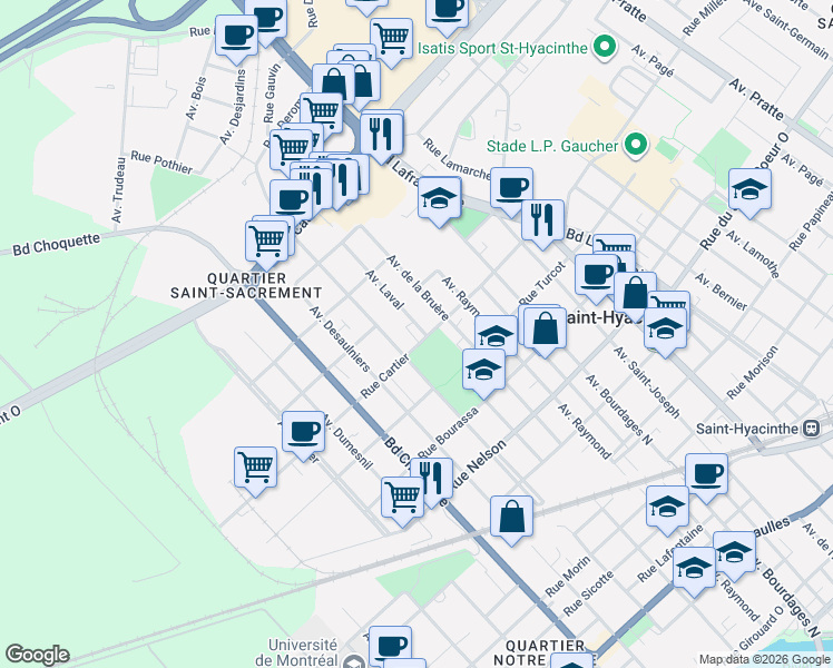map of restaurants, bars, coffee shops, grocery stores, and more near 2705 Avenue Laval in Saint-Hyacinthe