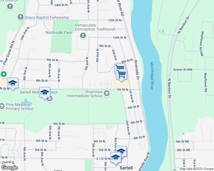 map of restaurants, bars, coffee shops, grocery stores, and more near 221 7th Street North in Sartell