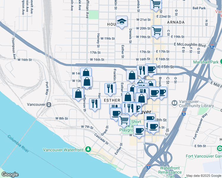 map of restaurants, bars, coffee shops, grocery stores, and more near 1200 Franklin Street in Vancouver