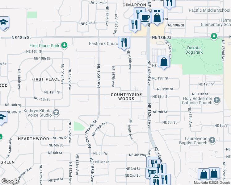 map of restaurants, bars, coffee shops, grocery stores, and more near 15708 Northeast 12th Street in Vancouver
