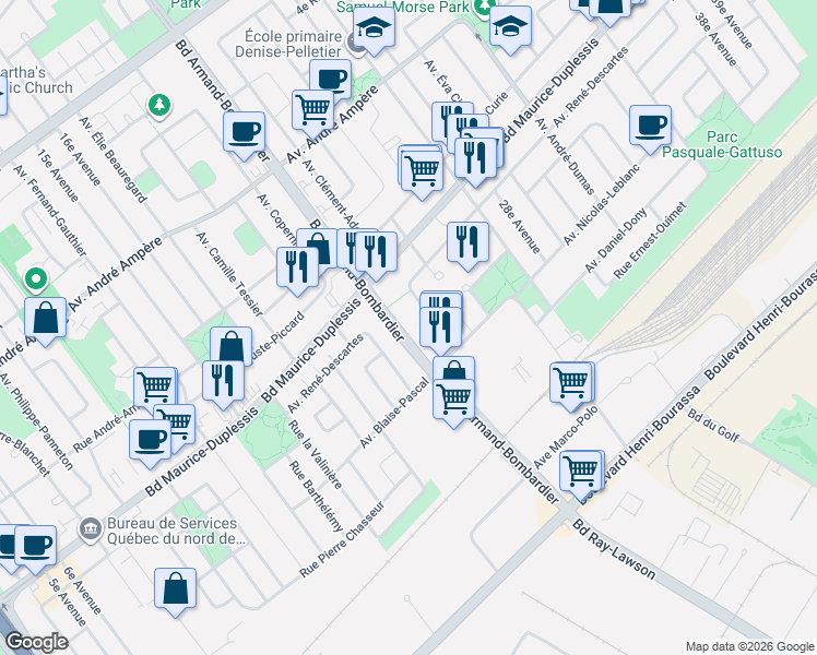 map of restaurants, bars, coffee shops, grocery stores, and more near 11685 Boulevard Armand-Bombardier in Montréal