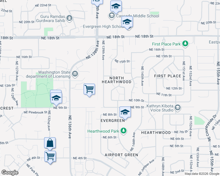 map of restaurants, bars, coffee shops, grocery stores, and more near 1102 Northeast Keyes Road in Vancouver