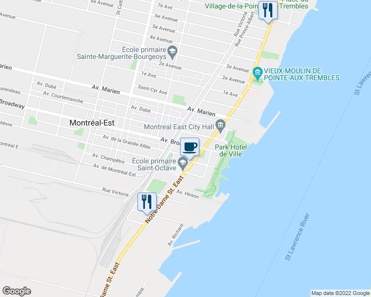 map of restaurants, bars, coffee shops, grocery stores, and more near 22 Avenue Broadway in Montréal-Est