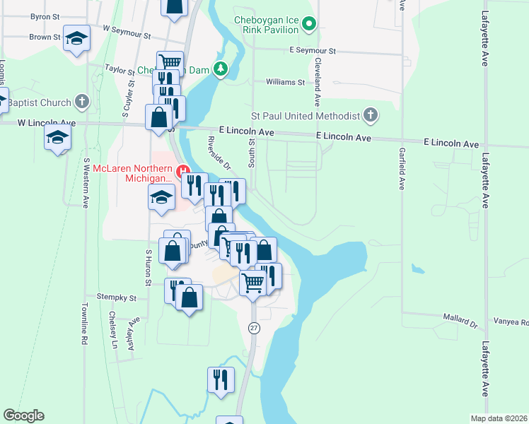 map of restaurants, bars, coffee shops, grocery stores, and more near 229-499 Riverside Drive in Cheboygan