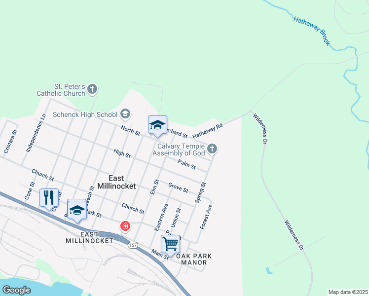 map of restaurants, bars, coffee shops, grocery stores, and more near 12 North Street in East Millinocket