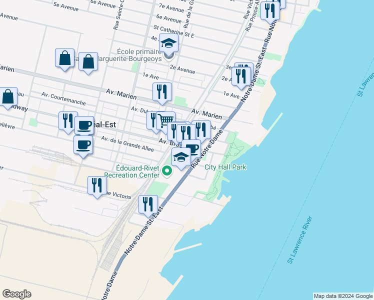 map of restaurants, bars, coffee shops, grocery stores, and more near 22 Avenue Broadway in Montréal-Est