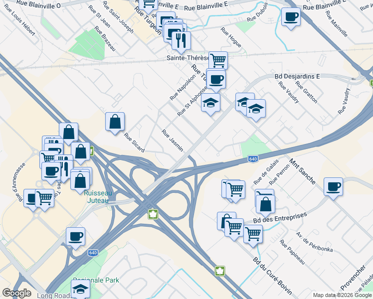 map of restaurants, bars, coffee shops, grocery stores, and more near 36 Boulevard Desjardins Ouest in Sainte-Thérèse