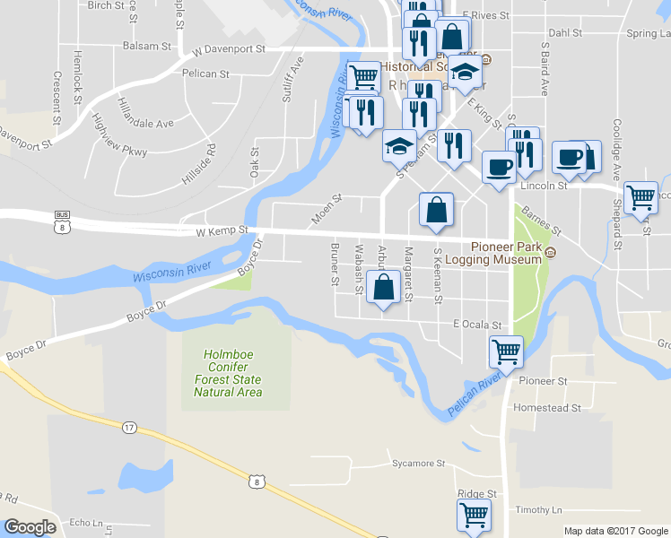 map of restaurants, bars, coffee shops, grocery stores, and more near 819 Bruner Street in Rhinelander