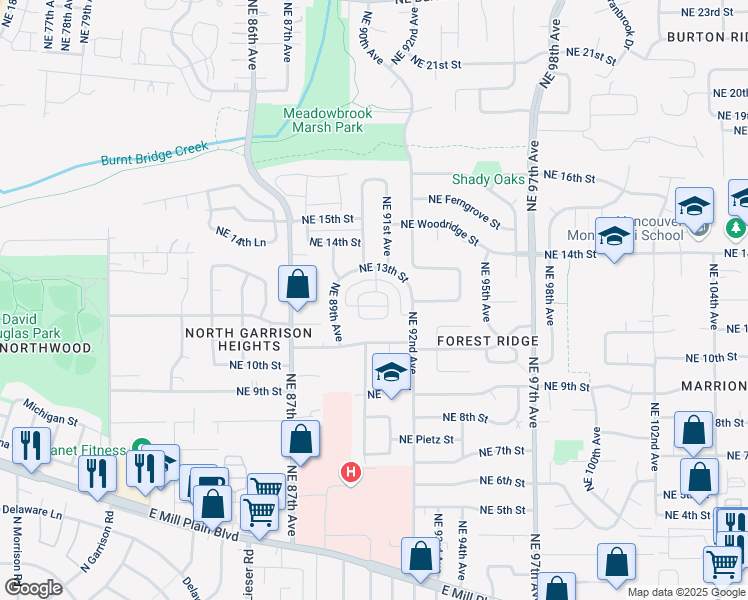 map of restaurants, bars, coffee shops, grocery stores, and more near 1221 Northeast Cedar Ridge Loop in Vancouver