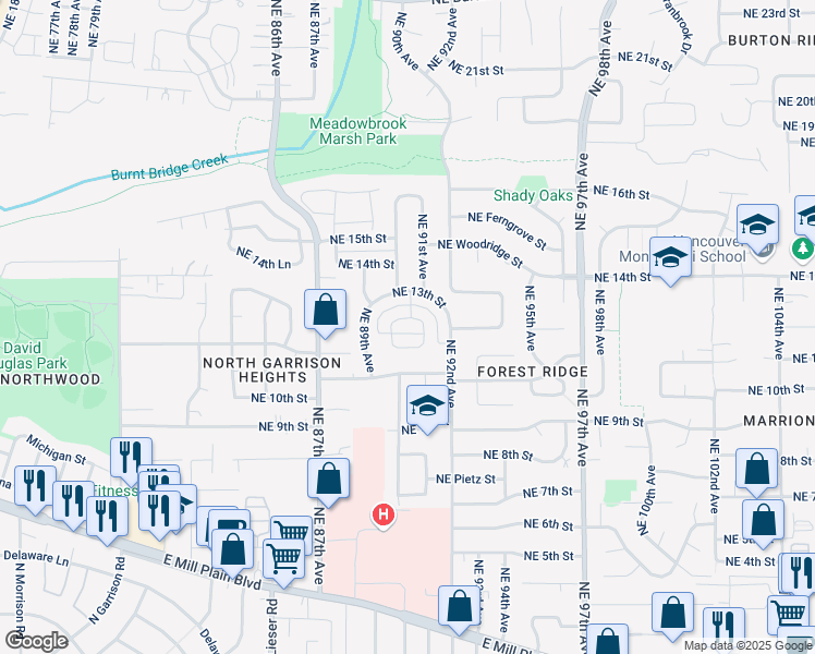 map of restaurants, bars, coffee shops, grocery stores, and more near 1221 Northeast Cedar Ridge Loop in Vancouver
