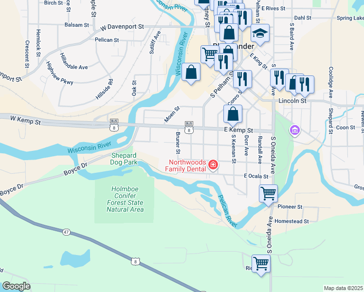 map of restaurants, bars, coffee shops, grocery stores, and more near 819 Bruner Street in Rhinelander