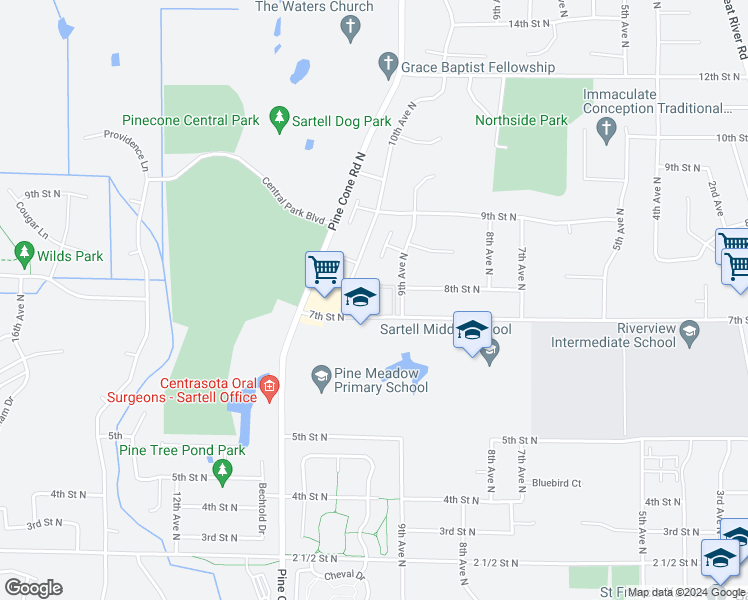 map of restaurants, bars, coffee shops, grocery stores, and more near 700 10th Avenue North in Sartell