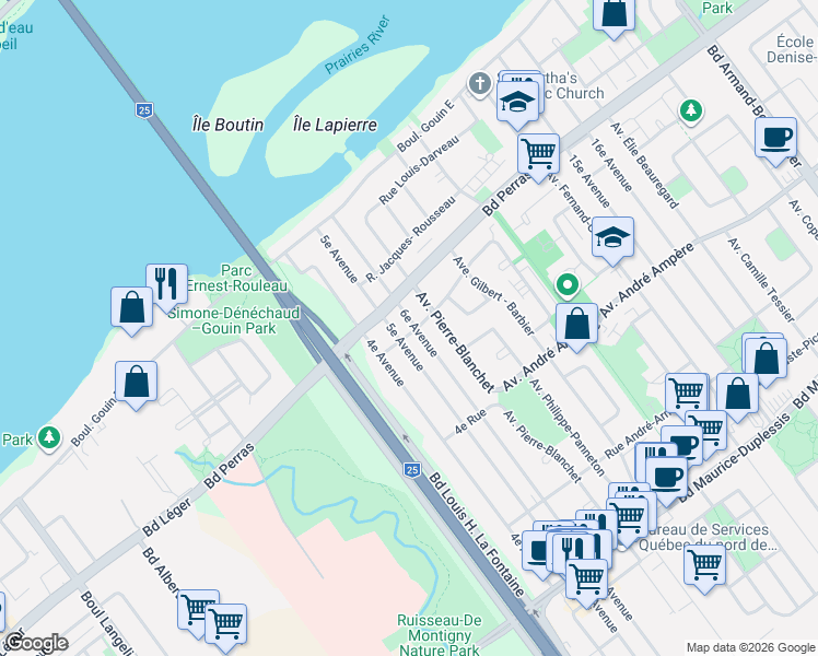map of restaurants, bars, coffee shops, grocery stores, and more near 12420 6e Avenue in Montréal