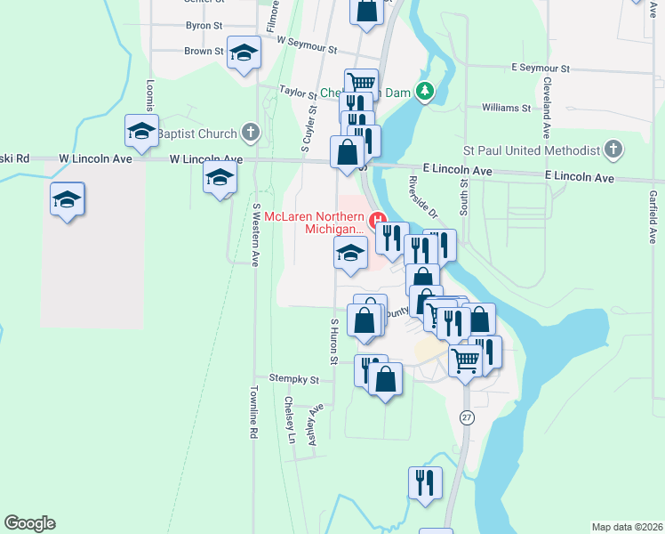 map of restaurants, bars, coffee shops, grocery stores, and more near 808 South Huron Street in Cheboygan