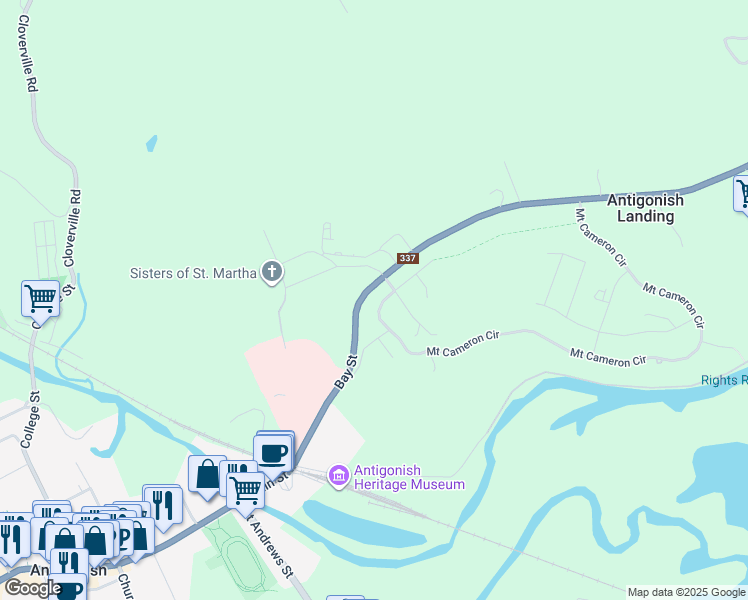 map of restaurants, bars, coffee shops, grocery stores, and more near 5 Mount Cameron Circle in Antigonish