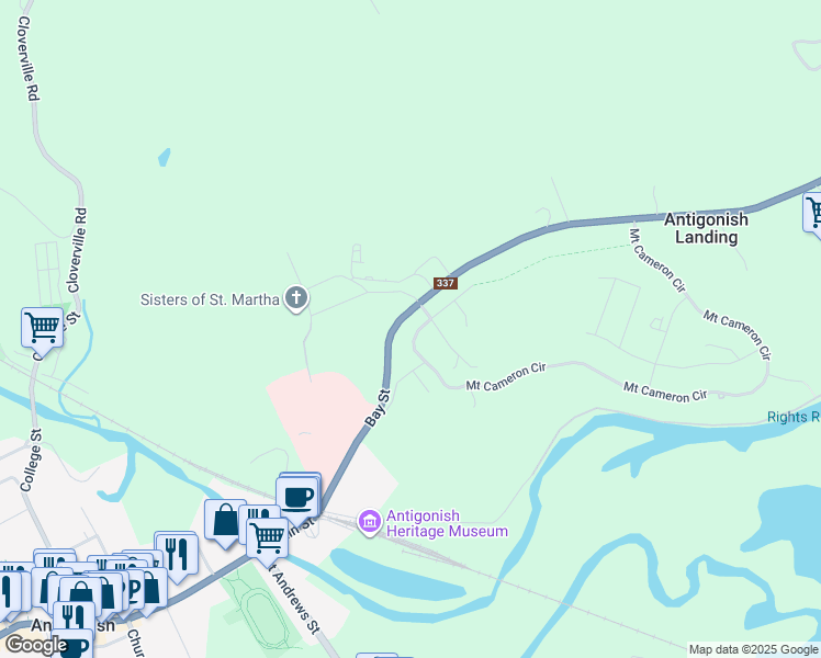 map of restaurants, bars, coffee shops, grocery stores, and more near 5 Mount Cameron Circle in Antigonish