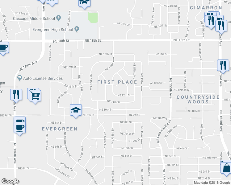 map of restaurants, bars, coffee shops, grocery stores, and more near 14800 Northeast 12th Street in Vancouver