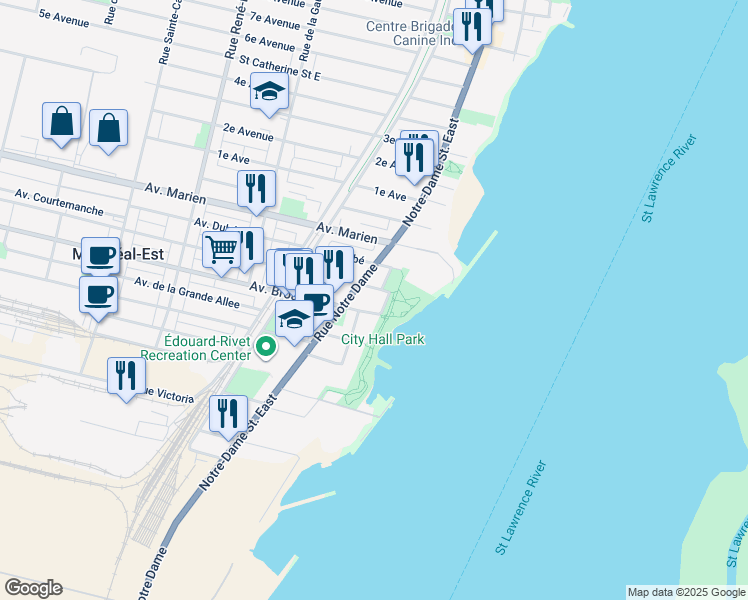 map of restaurants, bars, coffee shops, grocery stores, and more near 11310 Rue Notre-Dame Est in Montréal-Est