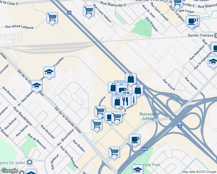 map of restaurants, bars, coffee shops, grocery stores, and more near 3625 Avenue des Grandes Tourelles in Boisbriand