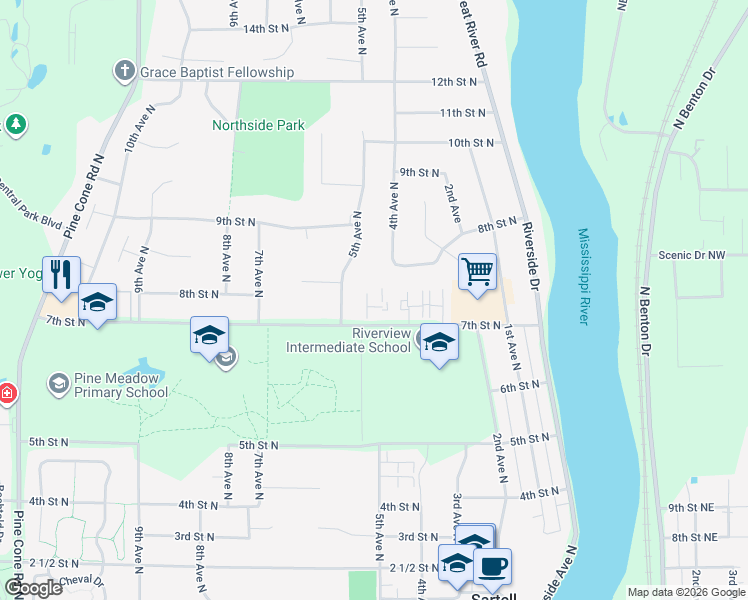 map of restaurants, bars, coffee shops, grocery stores, and more near 415 7th Street North in Sartell