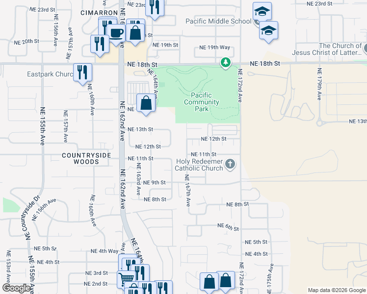 map of restaurants, bars, coffee shops, grocery stores, and more near 1110 Northeast 167th Avenue in Vancouver
