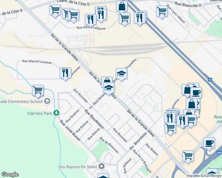 map of restaurants, bars, coffee shops, grocery stores, and more near in Boisbriand