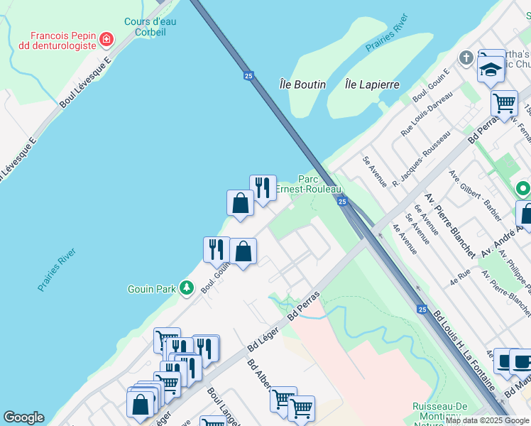 map of restaurants, bars, coffee shops, grocery stores, and more near 7095 Boulevard Gouin Est in Montréal