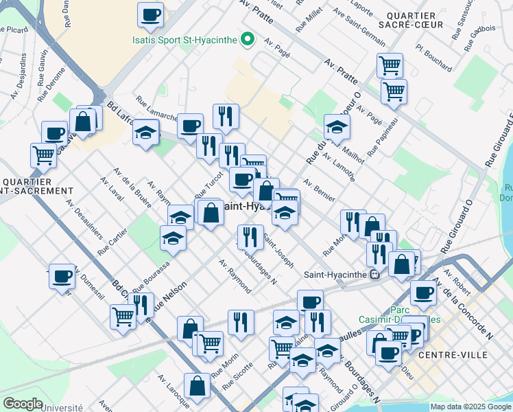 map of restaurants, bars, coffee shops, grocery stores, and more near in Saint-Hyacinthe
