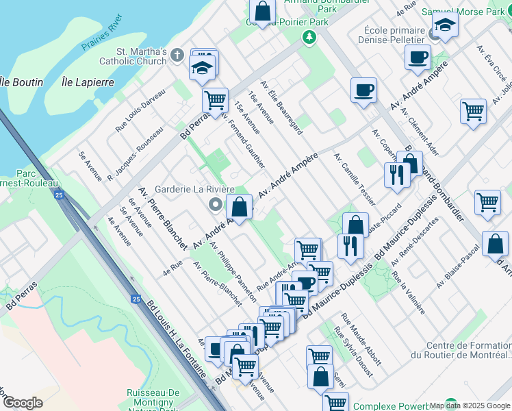 map of restaurants, bars, coffee shops, grocery stores, and more near 7500 Avenue André Ampère in Montréal