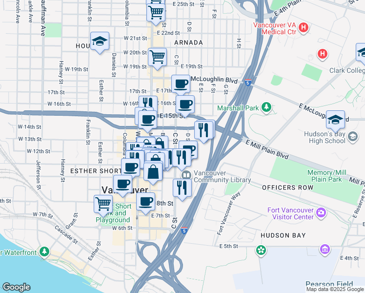 map of restaurants, bars, coffee shops, grocery stores, and more near 400 East Evergreen Boulevard in Vancouver