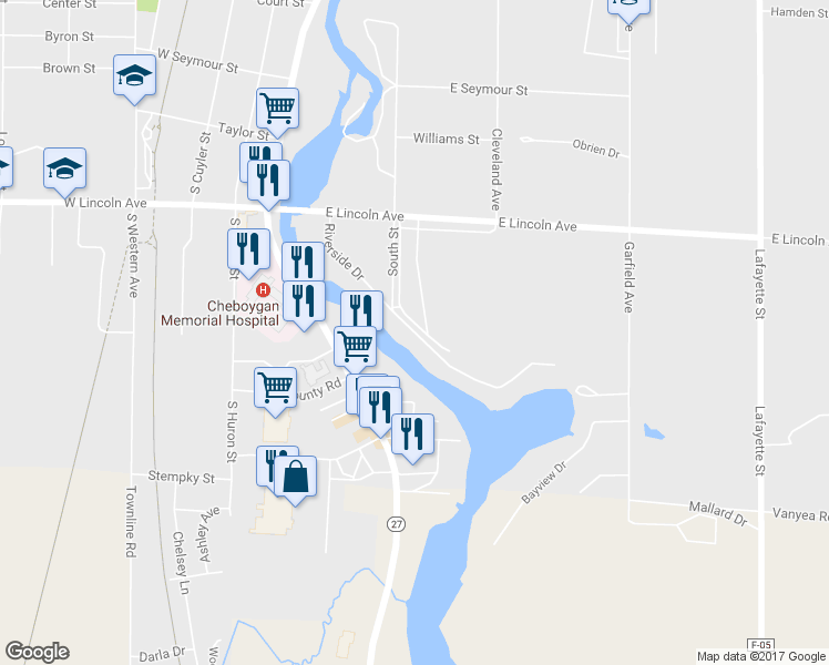 map of restaurants, bars, coffee shops, grocery stores, and more near 229 Riverside Drive in Cheboygan