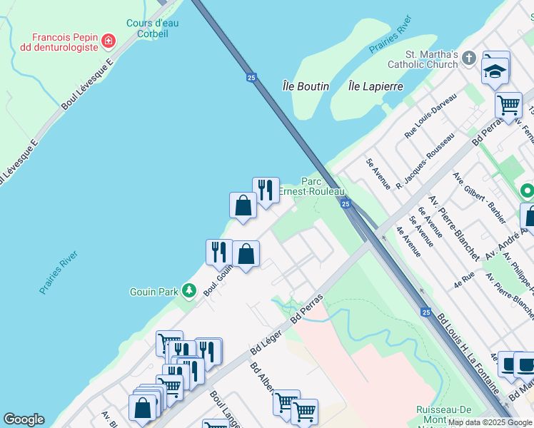 map of restaurants, bars, coffee shops, grocery stores, and more near 7095 Boulevard Gouin Est in Montréal