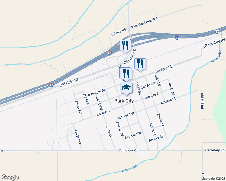 map of restaurants, bars, coffee shops, grocery stores, and more near 17 1st Street Southwest in Park City